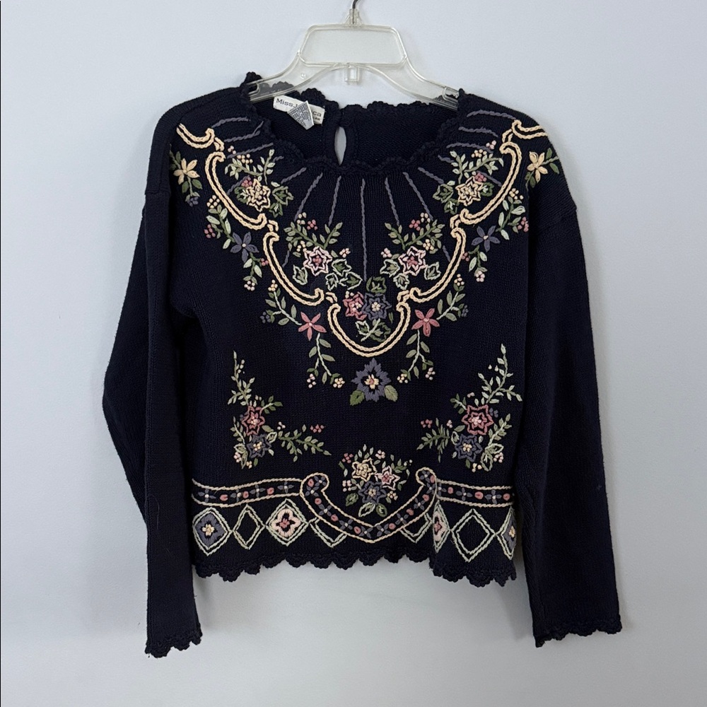 Vintage Miss Jessica Navy Embroidered Floral Long-Sleeve Sweater